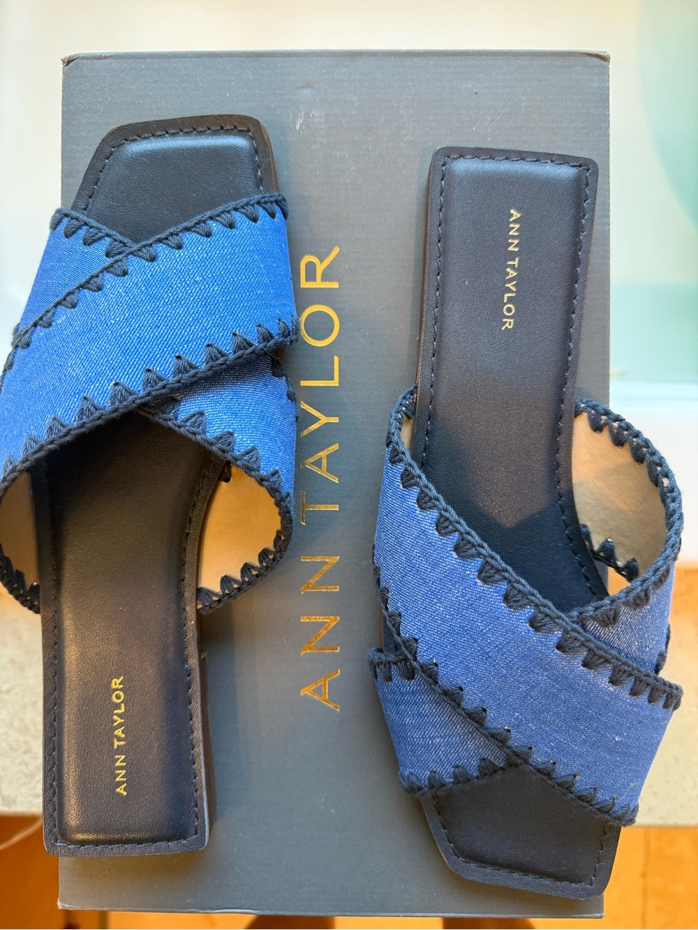 NWT- Ann Taylor Denim-Style Blue Crisscross Slide